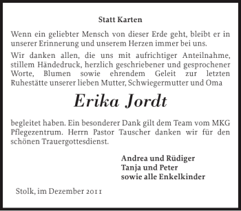 Traueranzeige von Erika Jordt von Flensburger Tageblatt