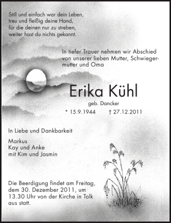 Traueranzeige von Erika Kühl von Schleswiger Nachrichten