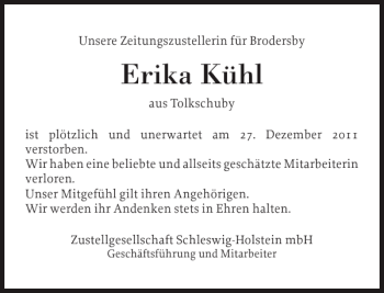 Traueranzeige von Erika Kühl von Schleswiger Nachrichten