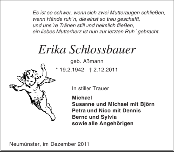 Traueranzeige von Erika Schlossbauer von Holsteinischer Courier