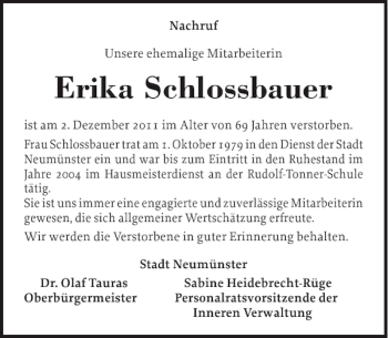Traueranzeige von Erika Schlossbauer von Holsteinischer Courier