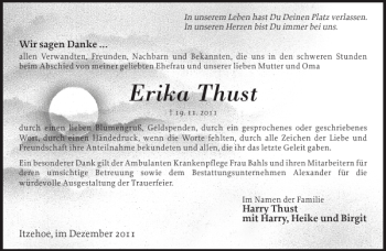 Traueranzeige von Erika Thust von Norddeutsche Rundschau