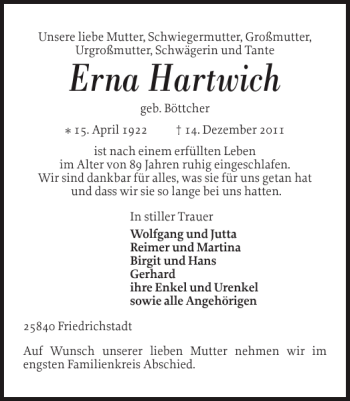 Traueranzeige von Erna Hartwich von Husumer Nachrichten