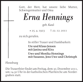 Traueranzeige von Erna Hennings von Flensburger Tageblatt