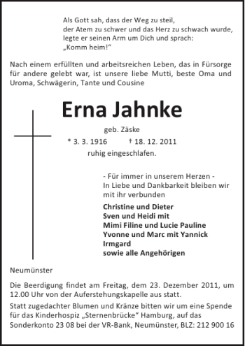 Traueranzeige von Erna Jahnke von Holsteinischer Courier