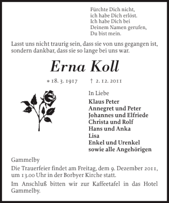 Traueranzeige von Erna Koll von Eckernförder Zeitung