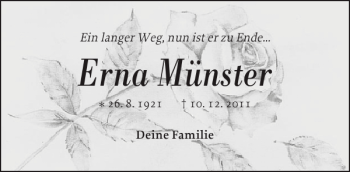 Traueranzeige von Erna Münster von Norddeutsche Rundschau