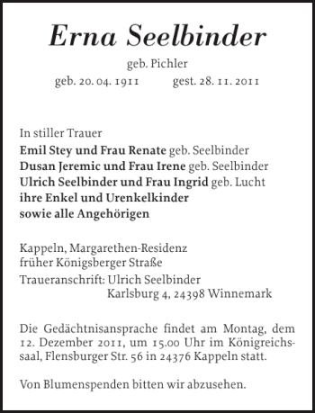 Traueranzeige von Erna Seelbinder von Schlei-Bote