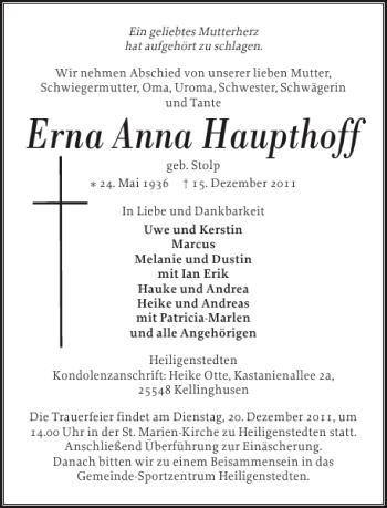 Traueranzeige von Erna Anna Haupthoff von Norddeutsche Rundschau