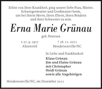 Traueranzeige von Erna Marie Grünau von Husumer Nachrichten