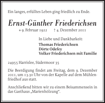 Traueranzeige von Ernst-Günther Friederichsen von Flensburger Tageblatt