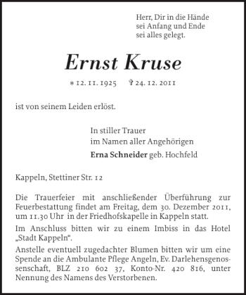 Traueranzeige von Ernst Kruse von Schlei-Bote