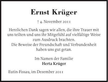 Traueranzeige von Ernst Krüger von Ostholsteiner Anzeiger
