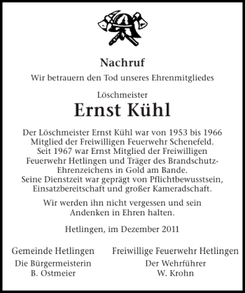 Traueranzeige von Ernst Kühl von Pinneberger Tageblatt