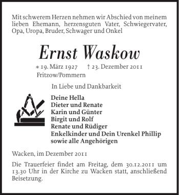 Traueranzeige von Ernst Waskow von Norddeutsche Rundschau