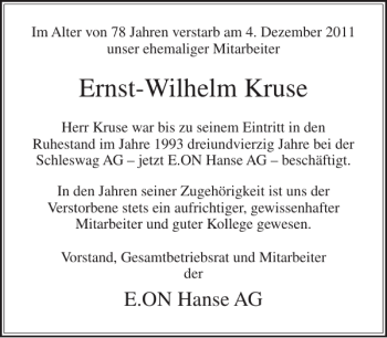 Traueranzeige von Ernst-Wilhelm Kruse von Landeszeitung