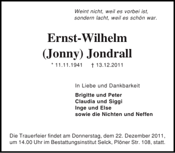 Traueranzeige von Ernst-Wilhelm Jonny Jondrall von Holsteinischer Courier