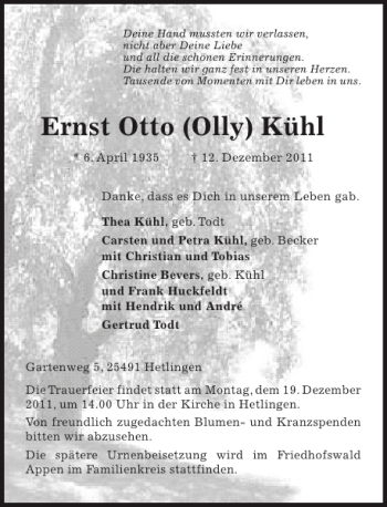 Traueranzeige von Ernst Otto Olly Kühl von Pinneberger Tageblatt