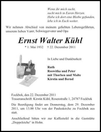 Traueranzeige von Ernst Walter Kühl von Landeszeitung