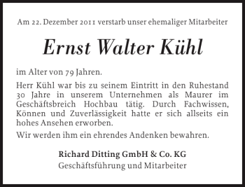 Traueranzeige von Ernst Walter Kühl von Landeszeitung