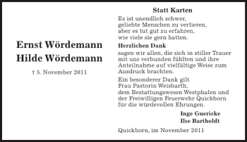 Traueranzeige von Ernst Wördemann Hilde Wördemann von Pinneberger Tageblatt