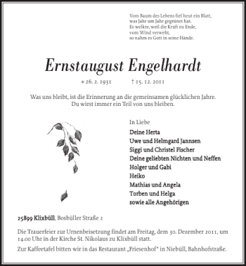 Traueranzeige von Ernstaugust Engelhardt von Nordfriesland Tageblatt