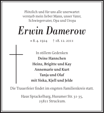 Traueranzeige von Erwin Damerow von Husumer Nachrichten