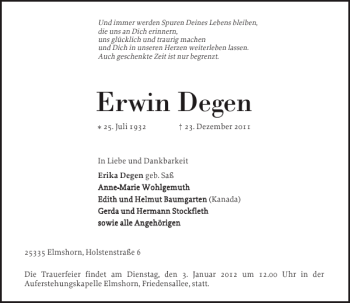 Traueranzeige von Erwin Degen von Elmshorner Nachrichten