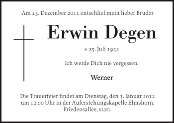 Traueranzeige von Erwin Degen von Elmshorner Nachrichten