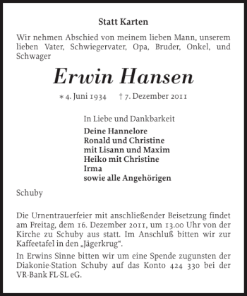 Traueranzeige von Erwin Hansen von Schleswiger Nachrichten