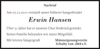Traueranzeige von Erwin Hansen von Schleswiger Nachrichten