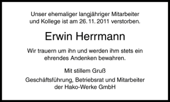 Traueranzeige von Erwin Herrmann von Stormarner Tageblatt