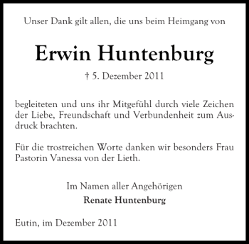 Traueranzeige von Erwin Huntenburg von Ostholsteiner Anzeiger