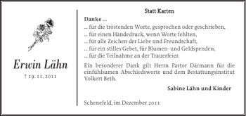 Traueranzeige von Erwin Lähn von Norddeutsche Rundschau