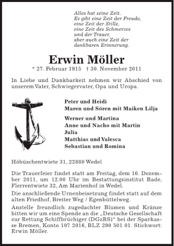 Traueranzeige von Erwin Möller von Pinneberger Tageblatt