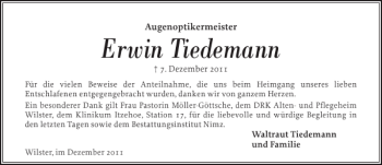 Traueranzeige von Erwin Tiedemann von Norddeutsche Rundschau