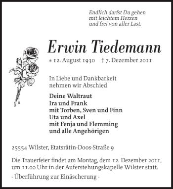 Traueranzeige von Erwin Tiedemann von Norddeutsche Rundschau