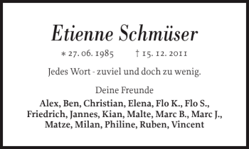 Traueranzeige von Etienne Schmüser von Flensburger Tageblatt