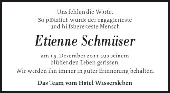 Traueranzeige von Etienne Schmüser von Flensburger Tageblatt