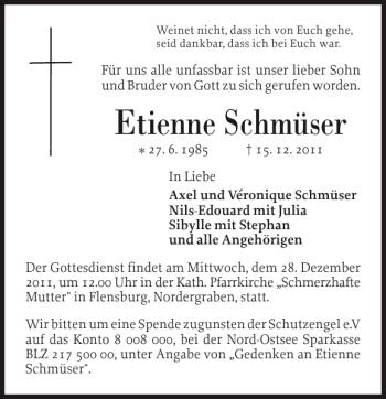 Traueranzeige von Etienne Schmüser von Flensburger Tageblatt