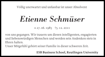 Traueranzeige von Etienne Schmüser von Flensburger Tageblatt