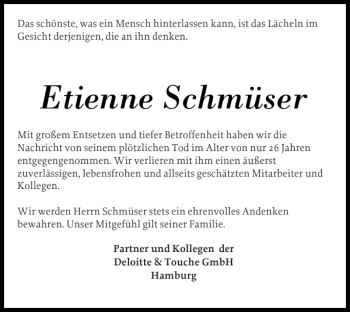 Traueranzeige von Etienne Schmüser von Flensburger Tageblatt