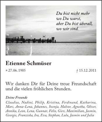 Traueranzeige von Etienne Schmüser von Flensburger Tageblatt