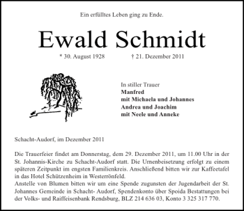 Traueranzeige von Ewald Schmidt von Landeszeitung