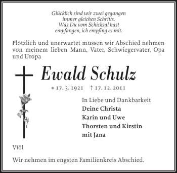 Traueranzeige von Ewald Schulz von Husumer Nachrichten