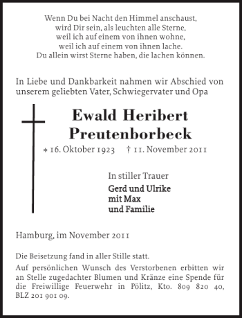 Traueranzeige von Ewald Heribert Preutenborbeck von Stormarner Tageblatt