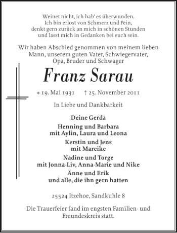 Traueranzeige von Franz Sarau von Norddeutsche Rundschau