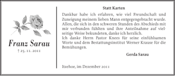 Traueranzeige von Franz Sarau von Norddeutsche Rundschau