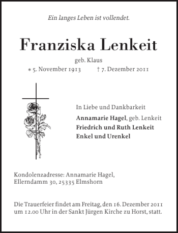 Traueranzeige von Franziska Lenkeit von Elmshorner Nachrichten