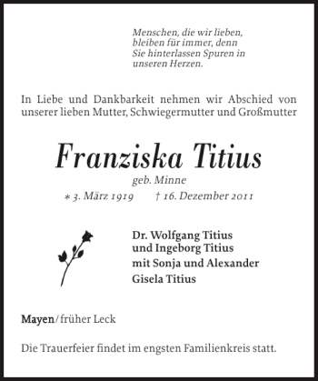 Traueranzeige von Franziska Titius von Nordfriesland Tageblatt